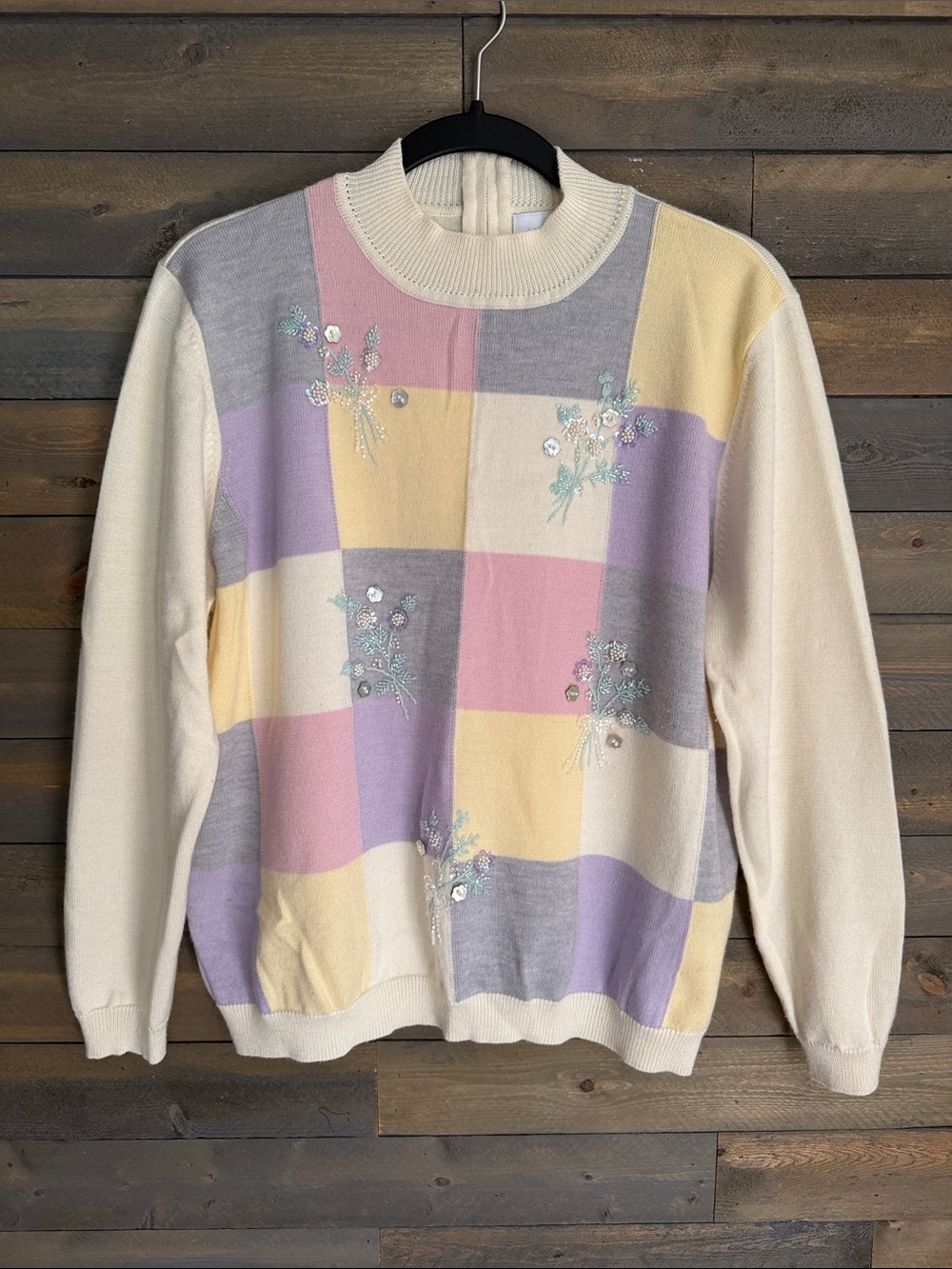 Vintage Alfred Dunner Beaded Embroidered Pastel Colorblock Mock Neck Sweater